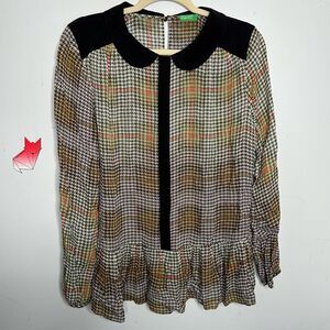 United Colors of Benetton Semi-Sheer Houndstooth Plaid Collared Blouse Sz Large